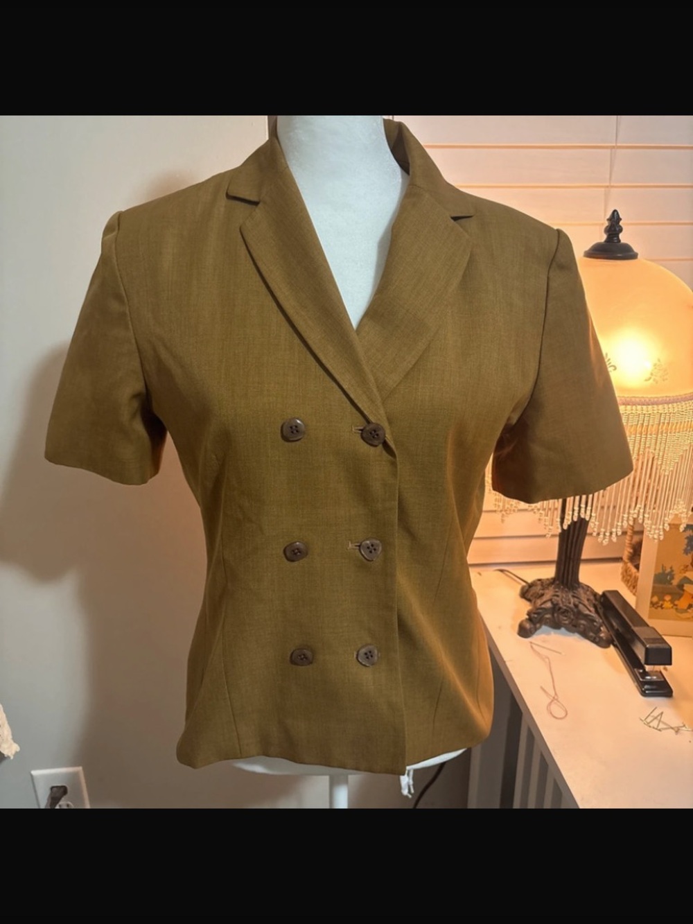 Vintage Larry Levine Tan Short Sleeve Double-Breasted Blazer Size 6 Petite